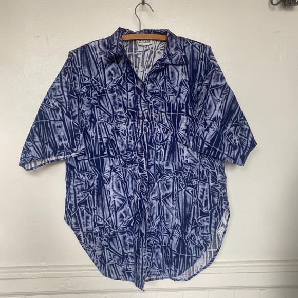 Vintage Blue Patterned Button Up Short Sleeve Shirt Beach Vacation - Picture 1 of 5